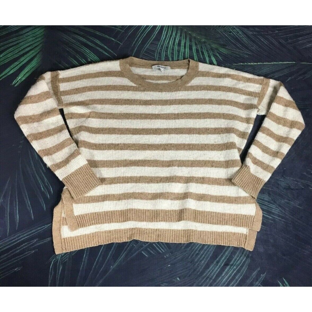 Madewell Sweater Tan Ivory Striped Long sleeve Crew Neck High Low Knit- S